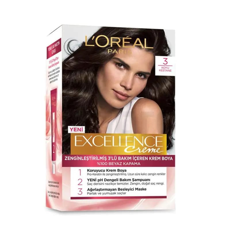 کیت رنگ مو لورآل سری Excellence Creme شماره 3 پایه رنگ شاه بلوطی تیره